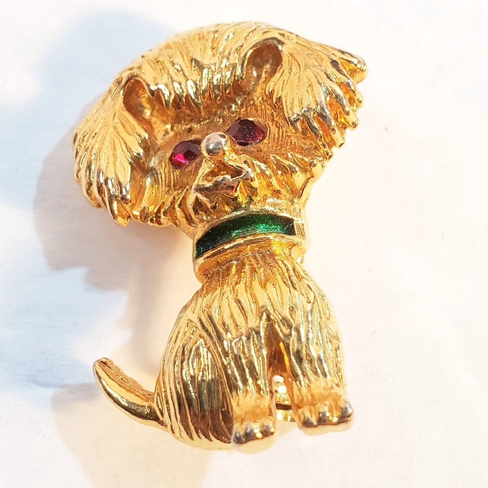 Vintage Gold Tone Metal Enamel Collar Rhinestone Eyes Dog Brooch Pin